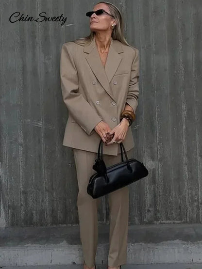 Striped Pant 2 Piece Set Women Double-breasted Full Sleeve Blazer Wide Leg Zipper Long Trousers Female 2025 Lady Commute Outfits