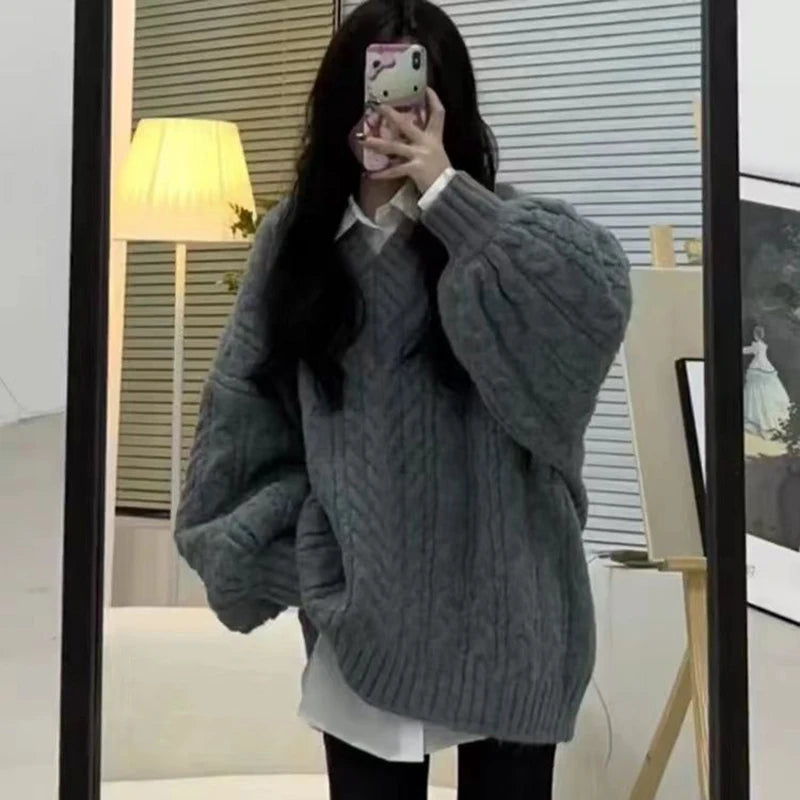 Oversized Sweater Women Fashion Preppy Pink V Neck Knitted Pullovers Harajuku Korean Long Sleeve Knitwear Winter Jumpers