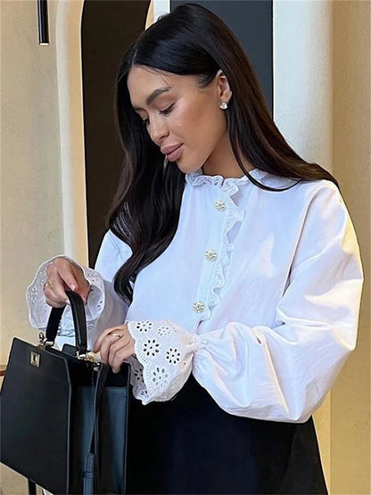 Blusas elegantes con volantes y purpurina para mujer, blusas informales de manga larga con retazos interiores y aberturas para el trabajo