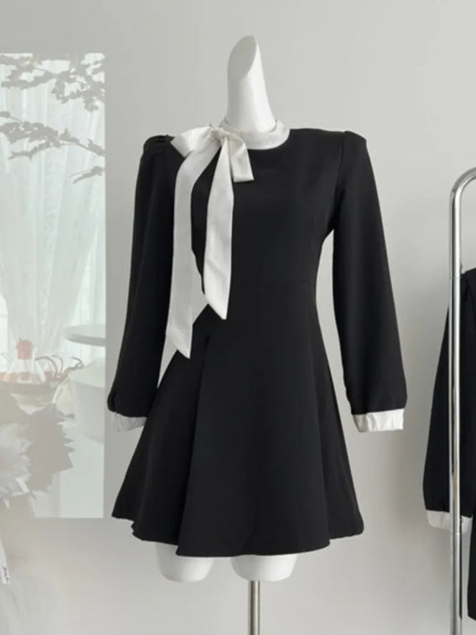 Elegantes vestidos de noche para mujer, con patchwork, cuello redondo, mangas largas, corte A, vestido de fiesta, moda coreana, estilo retro francés, vestidos para mujer