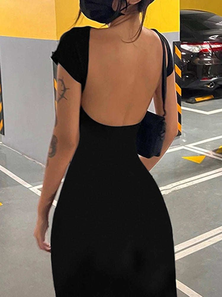 Vestido largo ajustado, sexy, de manga corta y espalda descubierta, liso, elegante, para mujer, para vacaciones de verano.