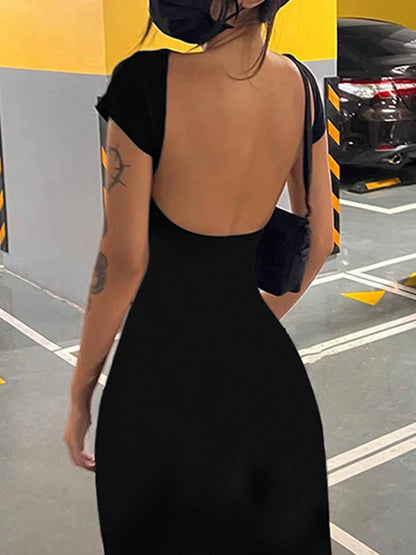 Vestido largo ajustado, sexy, de manga corta y espalda descubierta, liso, elegante, para mujer, para vacaciones de verano.