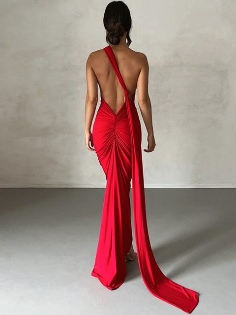 Oblique Shoulder Backless Maxi Dress For Women Gown Summer Back Strap Sleeveless Ruched Party Sexy Long Dress Vestidos