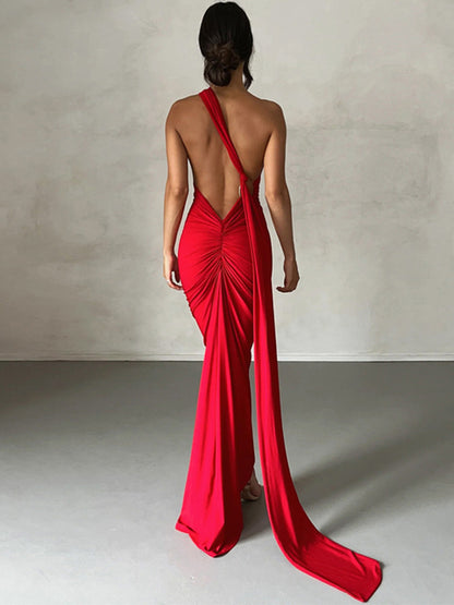 Oblique Shoulder Backless Maxi Dress For Women Gown Summer Back Strap Sleeveless Ruched Party Sexy Long Dress Vestidos