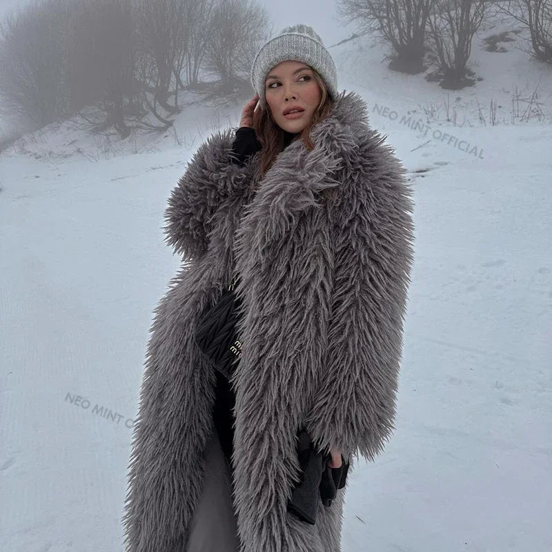 Abrigo de piel de cordero extra largo de lujo para mujer, abrigo de invierno estilo Mob Wife, chaqueta de piel sintética gruesa de gran tamaño