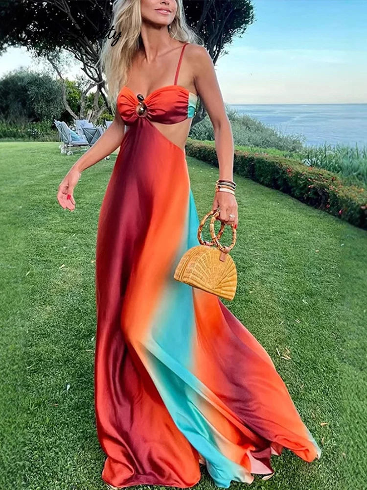 Vestido largo elegante con degradado para mujer, de satén, sin espalda, con corte en A, para playa, sexy, plisado, para vacaciones, verano 2025