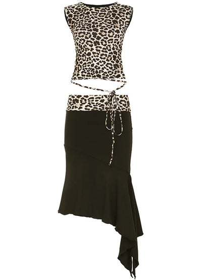 Fashion Double Wear Skirt Suit Female Leopard Print Lace Up Sleeveless Vest Irregular Splice Skirt Two Pieces Set Women’s