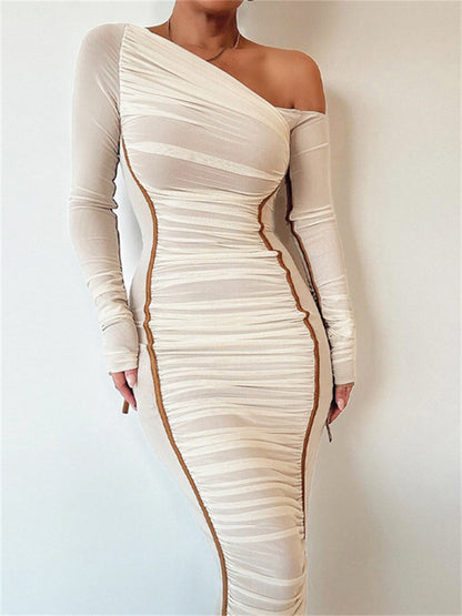 White Mesh Off-Shoulder Maxi Dress Female Long Sleeve Patchwork Fashion Contrast Summer Backless Ladies Party Long Dress