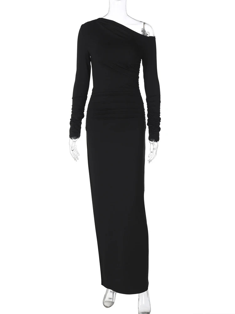 White Skew Collar Long Sleeve Maxi Dress For Women  Autumn Winter New Bodycon Elegant Party Dress Female High Waist