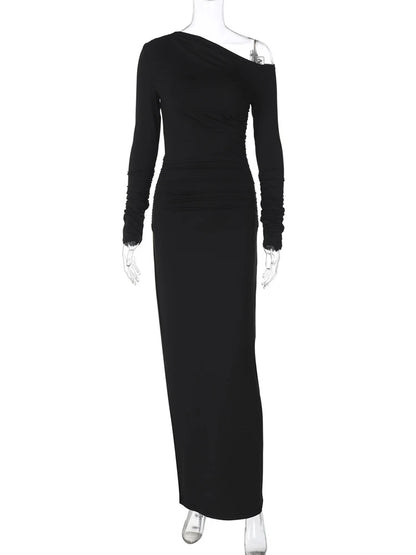 White Skew Collar Long Sleeve Maxi Dress For Women  Autumn Winter New Bodycon Elegant Party Dress Female High Waist