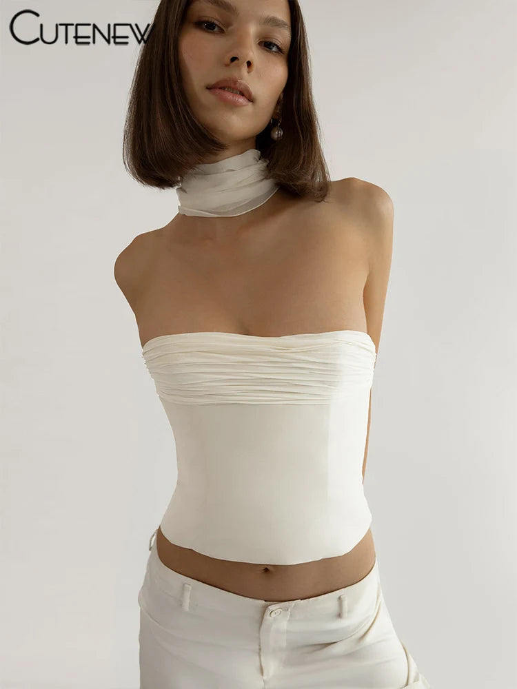 Women’s White Ruffled Bustier Vest Shapewear Slim Undershirt Hanging Neck Silk Scarf Top Summer Clothing For Women