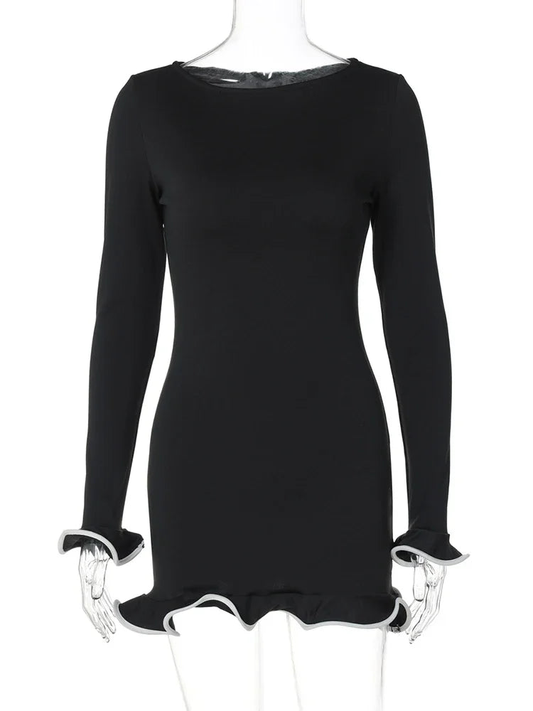 Vestido largo ajustado y sexy para mujer, con volantes, espalda descubierta, manga larga, color contrastante, moda de otoño