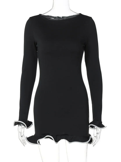 Vestido largo ajustado y sexy para mujer, con volantes, espalda descubierta, manga larga, color contrastante, moda de otoño