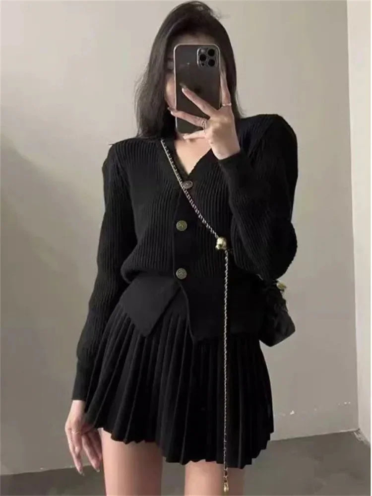 Vintage Female Knit 2 Piece-Set Pleated Skirts Casual Ribbed Cardigan Sweater And Skirt Sets Female Knitwear Outfits