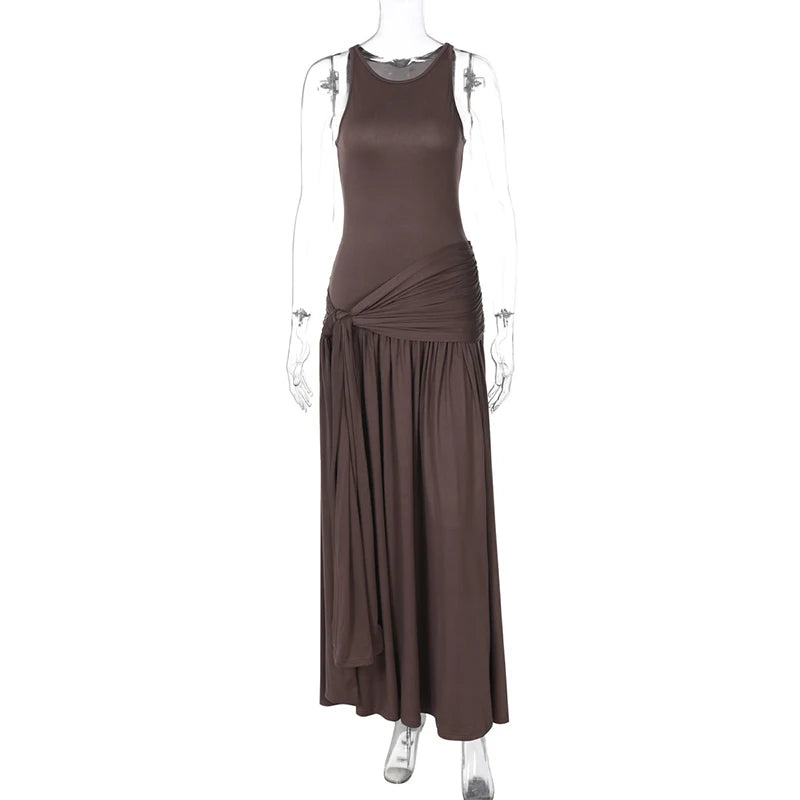 Vestido ajustado con volantes y cinta de moda para mujer, sin mangas, estilo urbano, largo, liso, para otoño, para fiesta en club
