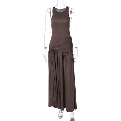 Vestido ajustado con volantes y cinta de moda para mujer, sin mangas, estilo urbano, largo, liso, para otoño, para fiesta en club