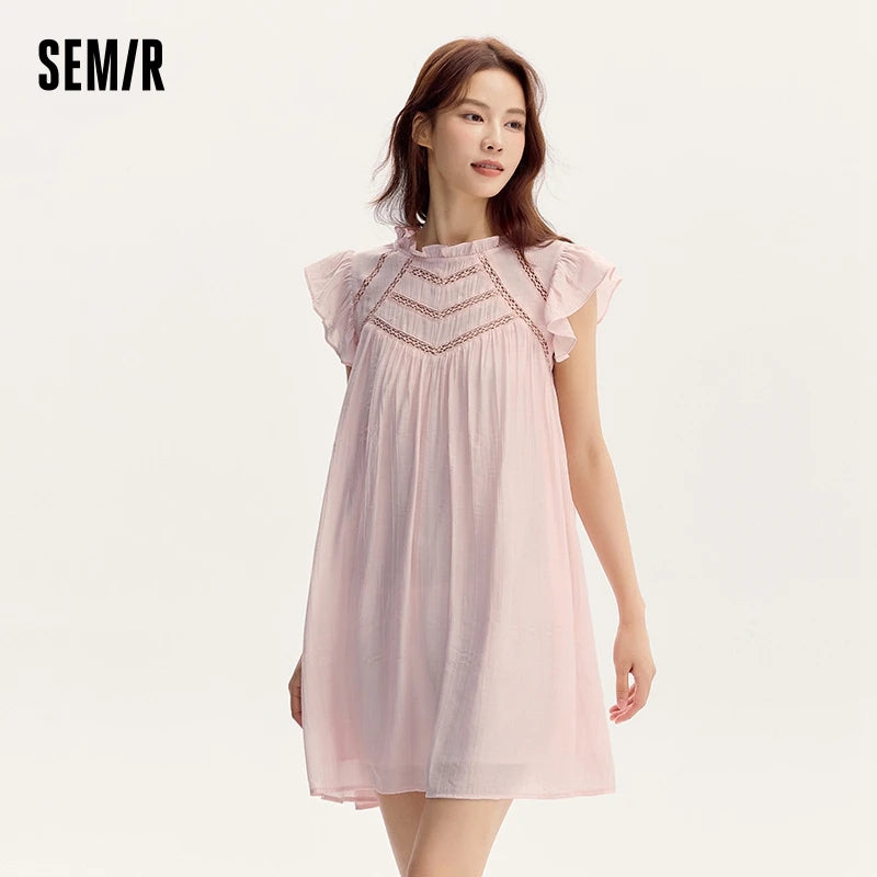 Vestido de mujer con volantes suaves, mangas cortas con vuelo, minifalda texturizada, vestido de verano nuevo con aberturas.