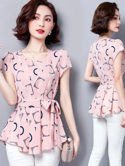 Blusas informales de gasa de verano para mujer, camisas de manga corta con cuello redondo y estampado de lunares, DF2824