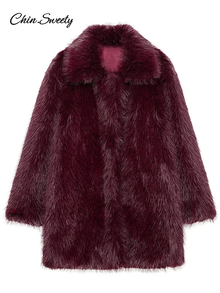 Fashion Solid Fluffy Faux Fur Coat Women Lapel Long Sleeve Thick Warm Loose Jackets 2025 Winter Elegant High Street Outerwear