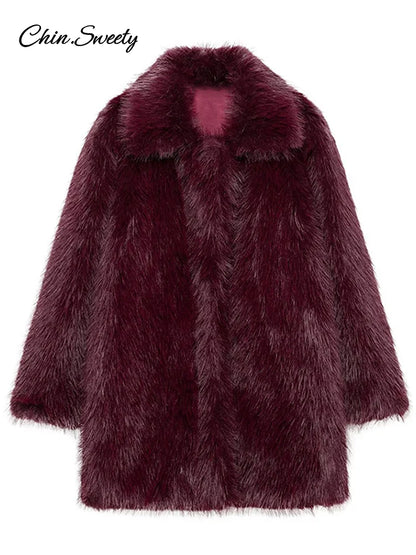 Fashion Solid Fluffy Faux Fur Coat Women Lapel Long Sleeve Thick Warm Loose Jackets 2025 Winter Elegant High Street Outerwear