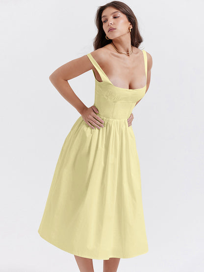 Vestido midi de verano sin espalda para mujer, con tirantes finos, sin mangas, corte A, holgado, elegante y sexy, para club