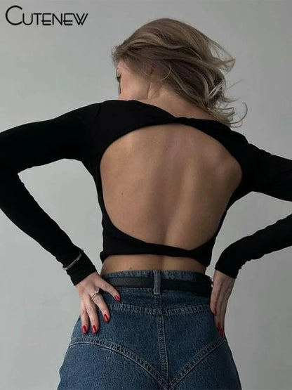 Camisetas de moda para mujer, clásicas, con corte en la espalda, manga larga, ajustadas, estilo urbano a juego.