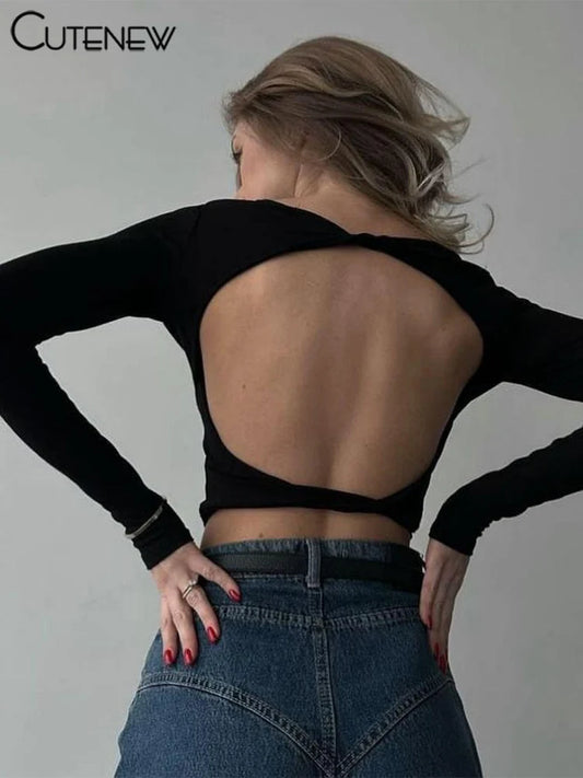 Fashion Wild Women T-shirts Classic Concise Back Cut Out Full Sleeve Skinny Crop Tees Female Trend Matched Streetwear