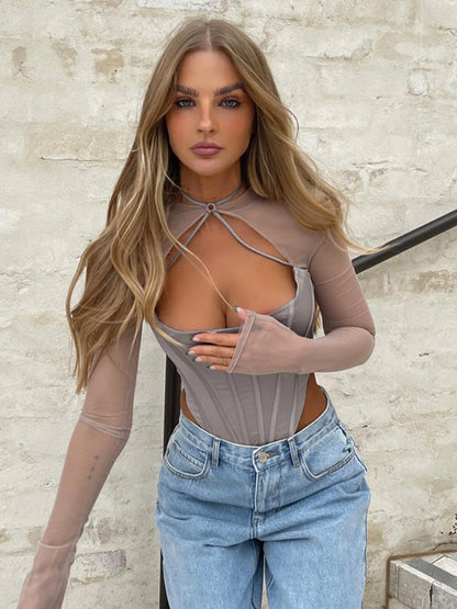 Asymmetrical See Through Sexy Women Clothes Solid Sheer Grey Elegant Corset Tops Club Mesh Outfits Long Sleeve Streetwear