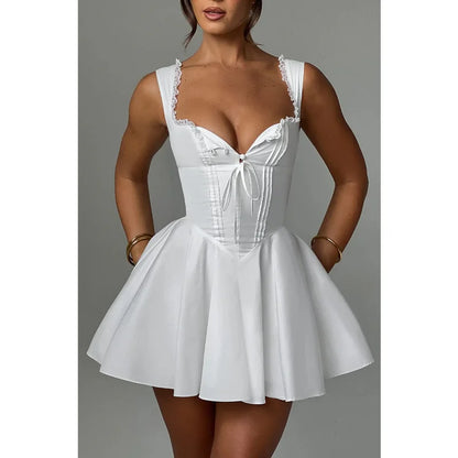 Sexy Corset Dress Women Solid Color Square Collar Sleeveless Lace Trim Hem A Line Mini Dress Evening Party Dresses