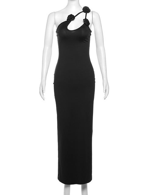 Elegante vestido de noche ajustado irregular sin mangas para mujer, vestido de otoño con adorno de flores y hombros descubiertos, vestido largo sexy