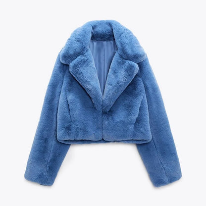 Abrigo de piel de conejo sintético azul para mujer, chaqueta corta de moda urbana, nueva tendencia de invierno, abrigos y prendas de vestir exteriores