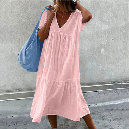 Vestidos midi de lino y algodón de color liso para mujer, moda informal, cuello en V, mangas cortas, sueltos, estilo sencillo, para ir al trabajo.
