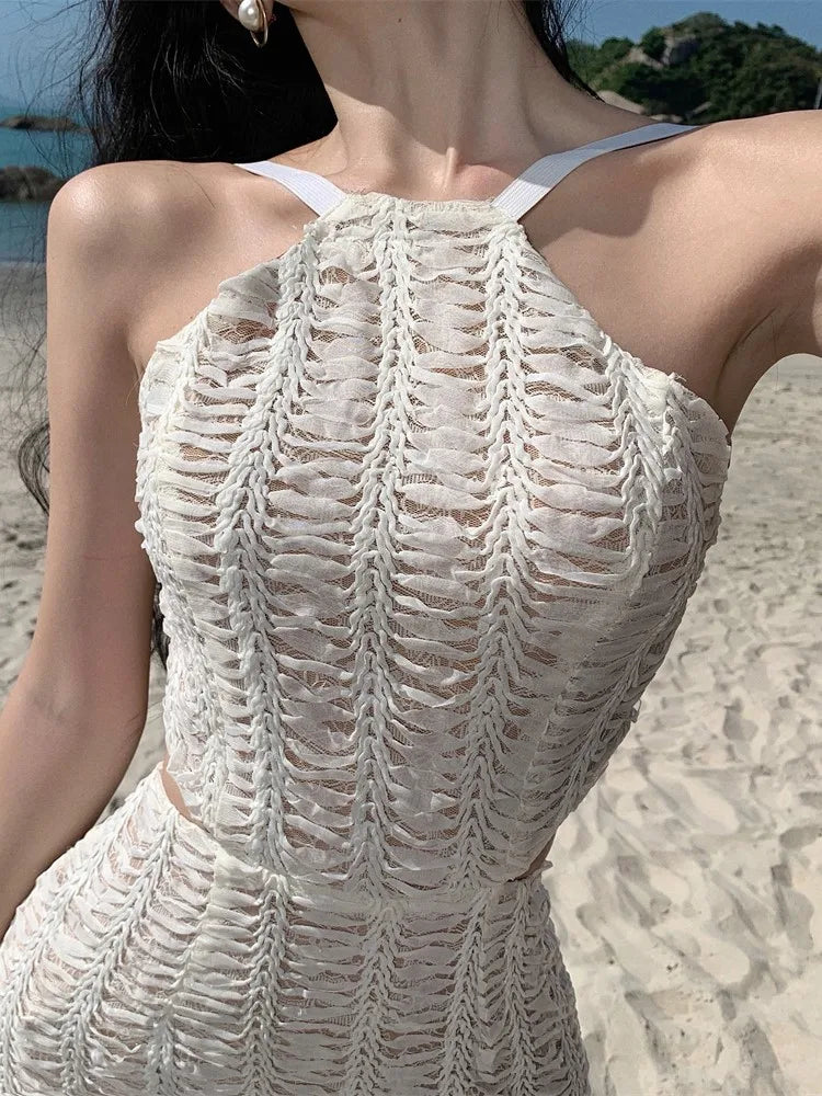 Vestidos sexis ajustados de punto con espalda descubierta para mujer, vestido de fiesta ajustado con cuello halter sin mangas, moda coreana, estilo festivo, Vestidos para mujer