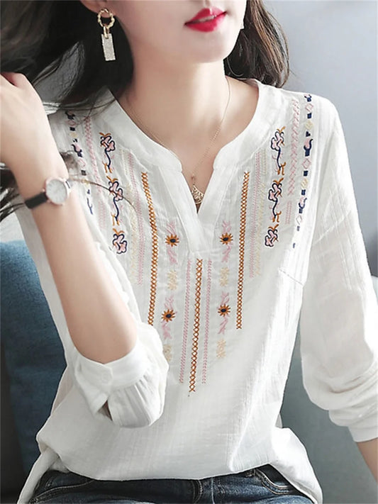 Blusas blancas de primavera y otoño para mujer, blusas informales bordadas con cuello en V y manga larga, blusas vintage holgadas DF4272