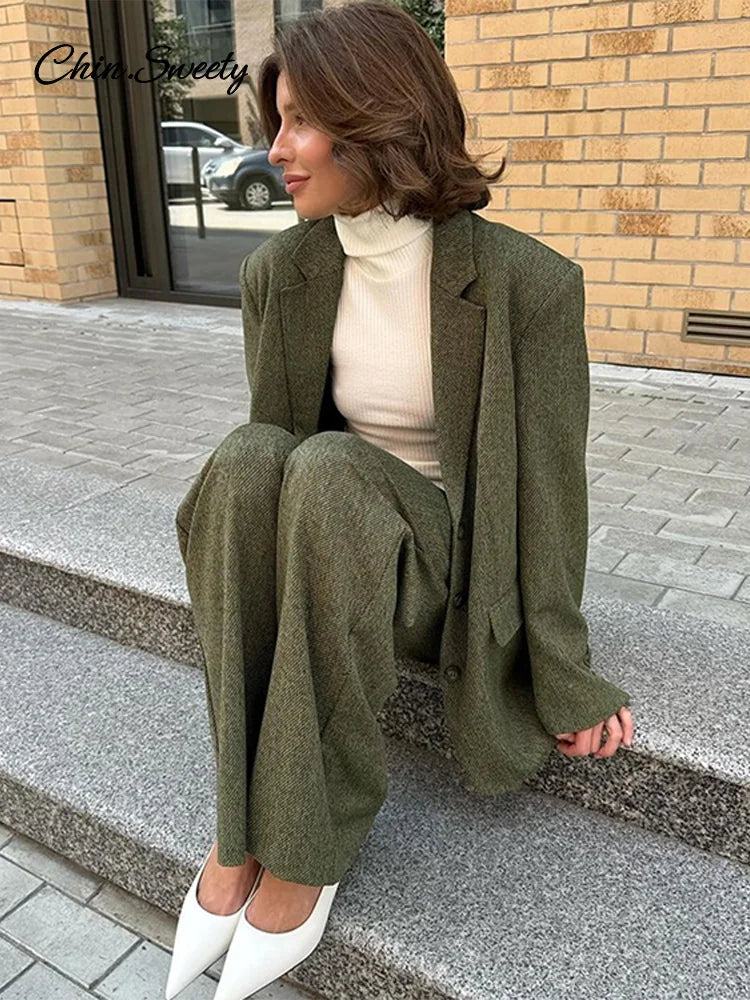Conjunto elegante de abrigo y pantalón para mujer, moda de solapa, manga larga, blazer de un solo pecho, pantalones de pierna ancha, conjunto de 2 piezas para mujer, conjuntos holgados.