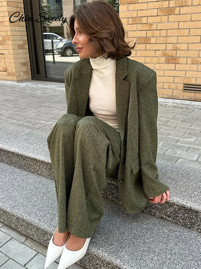 Conjunto elegante de abrigo y pantalón para mujer, moda de solapa, manga larga, blazer de un solo pecho, pantalones de pierna ancha, conjunto de 2 piezas para mujer, conjuntos holgados.
