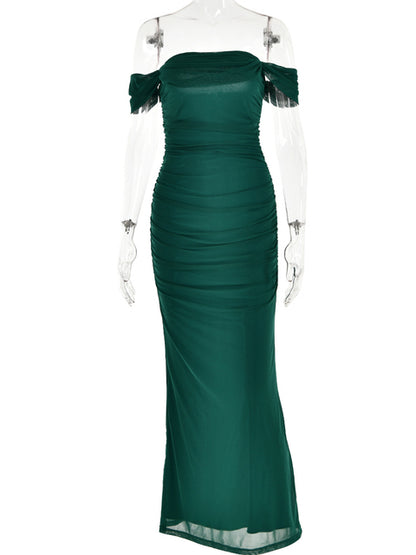 Sexy One Line Neck Mesh Pleated Dress Women Bodycon Backless Elegant Party Club Evening Vestidos Slim Maxi Long Dress