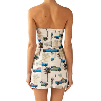 Vestido estético Y2K para mujer, con estampado floral, hombros descubiertos, sin tirantes, sin mangas, minivestido para salir, fiesta, clubwear