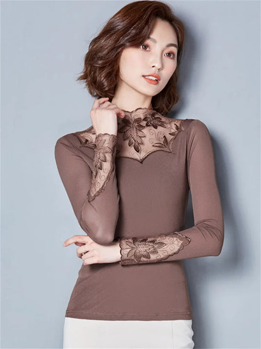 Blusas de encaje caladas para mujer, estilo primavera otoño, informales, de manga larga, con cuello alto y retazos, DF1491