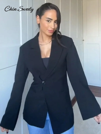 Blazer ajustado de moda para mujer, chaqueta de traje lisa de manga larga con un solo botón y cuello con muesca, primavera 2025, conjuntos de calle para mujer