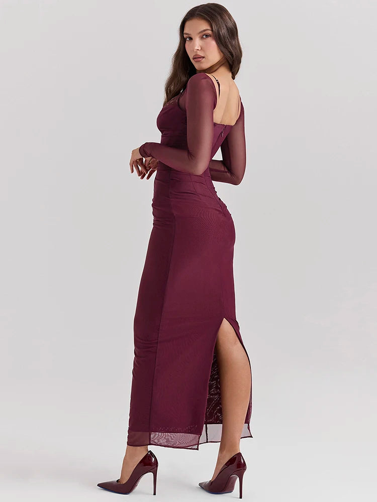 Elegante vestido maxi sexy de manga larga transparente para mujer, vestido largo sexy de malla sin tirantes y espalda descubierta para fiesta en club.