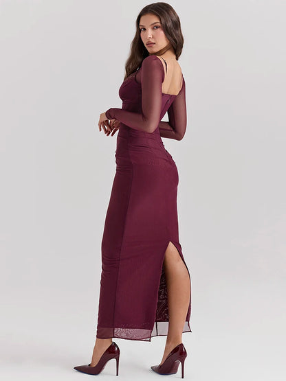 Elegante vestido maxi sexy de manga larga transparente para mujer, vestido largo sexy de malla sin tirantes y espalda descubierta para fiesta en club.