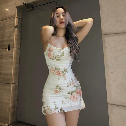 Vestido mini floral de los años 2000 para mujer, estilo Y2K, sin mangas, con volantes en el dobladillo, estilo kawaii, sexy, estilo hada.