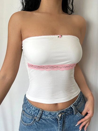 Top tubo blanco sin tirantes con encaje en contraste Y2K para mujer, bonito chaleco corto kawaii de los años 2000