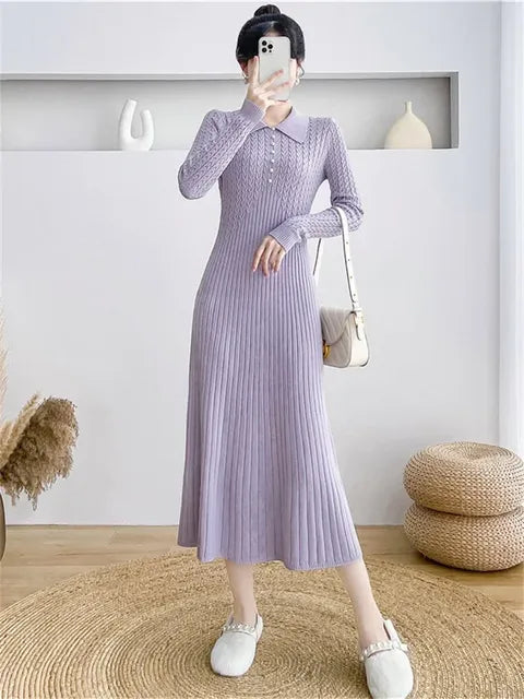 Ribbed Autumn Knit Long Dress For Women Fashion High Waist Elegant Solid Long Sleeve Dress Lapel Loose Knitwear Maxi Dress