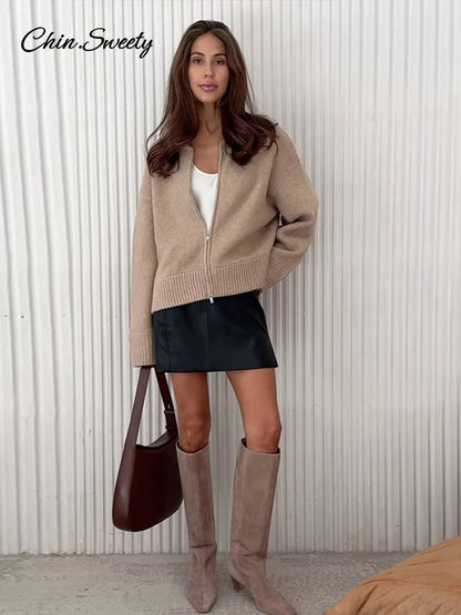 Cárdigan de punto con cuello redondo y cremallera para otoño e invierno, suéter liso holgado de manga larga para mujer, prenda de punto a juego para mujer.