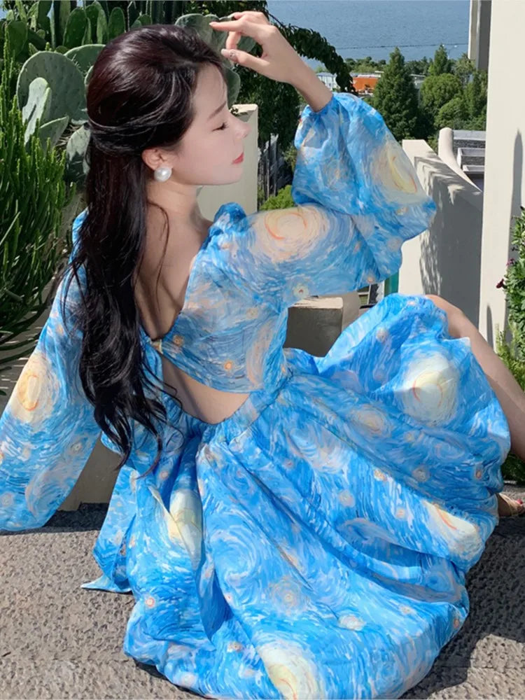 Elegante vestido corto estampado para mujer, sin espalda, estilo playero, con mangas abullonadas, corte A, floral, minivestido de una pieza para mujer