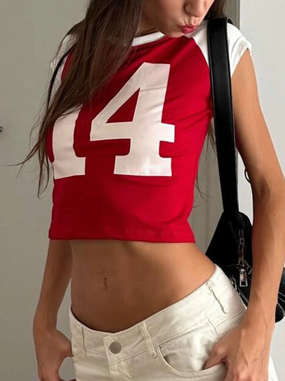 Camiseta informal retro navideña americana con estampado de letras y patchwork en contraste, camiseta deportiva de fútbol, cuello redondo, manga corta, top corto de verano