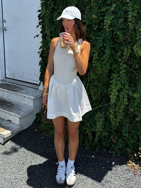 Fantoye - Vestido corto femenino de verano sin mangas, corte en A, sexy, con espalda descubierta, cuello redondo, holgado e informal
