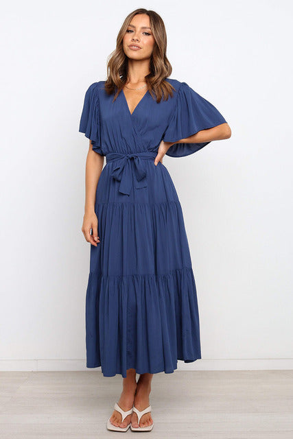 Vestidos largos con volantes de color liso de moda para mujer, sexys, con escote en V y mangas con volantes, vestido elegante con temperamento ahuecado para mujer, novedad de verano 2025
